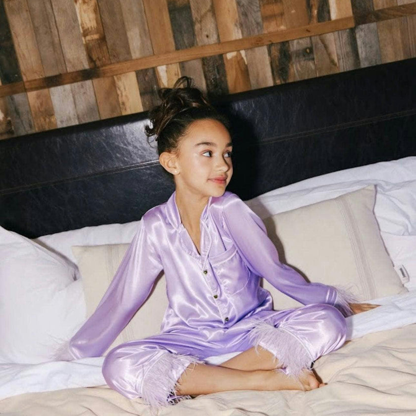Feather Trim Cuff Silk Pajamas Set