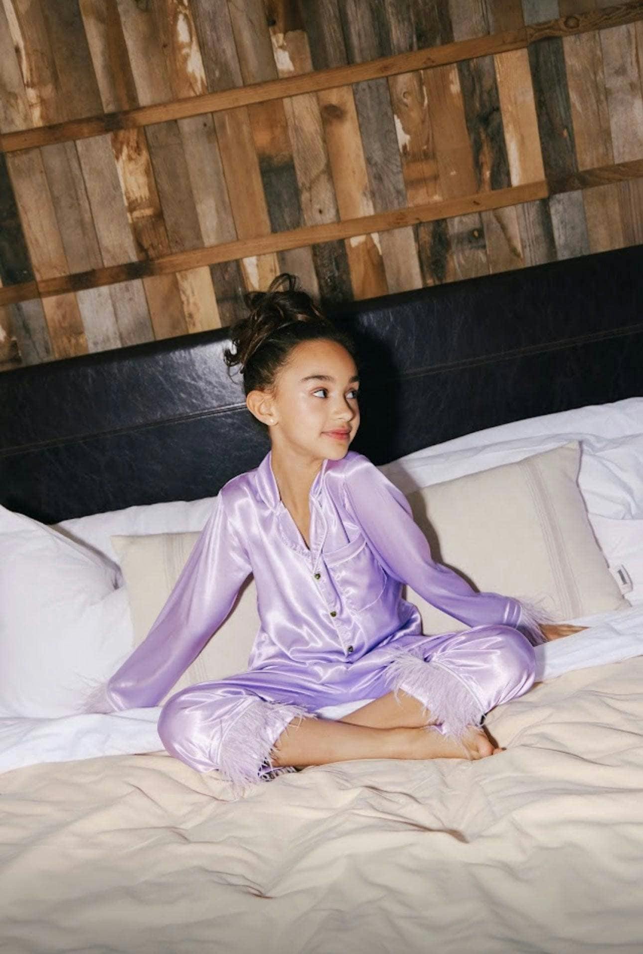 Feather Trim Cuff Silk Pajamas Set