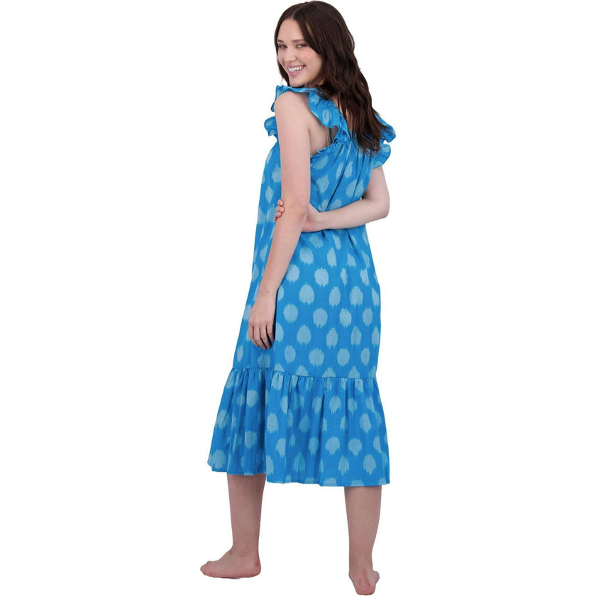 Eva Women's Ruffle Sundress Cerulean Blue Ikat, Blue