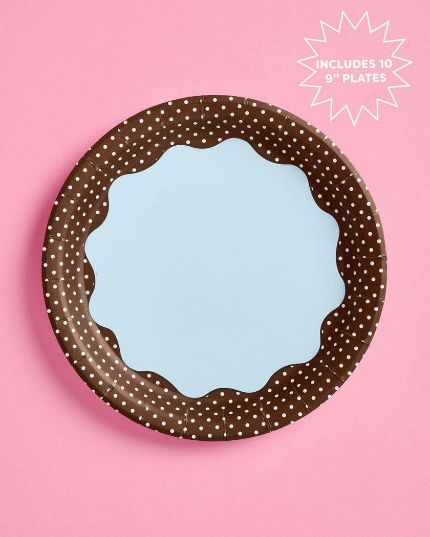 Brown + Blue Plates - 10 paper plates, 9in