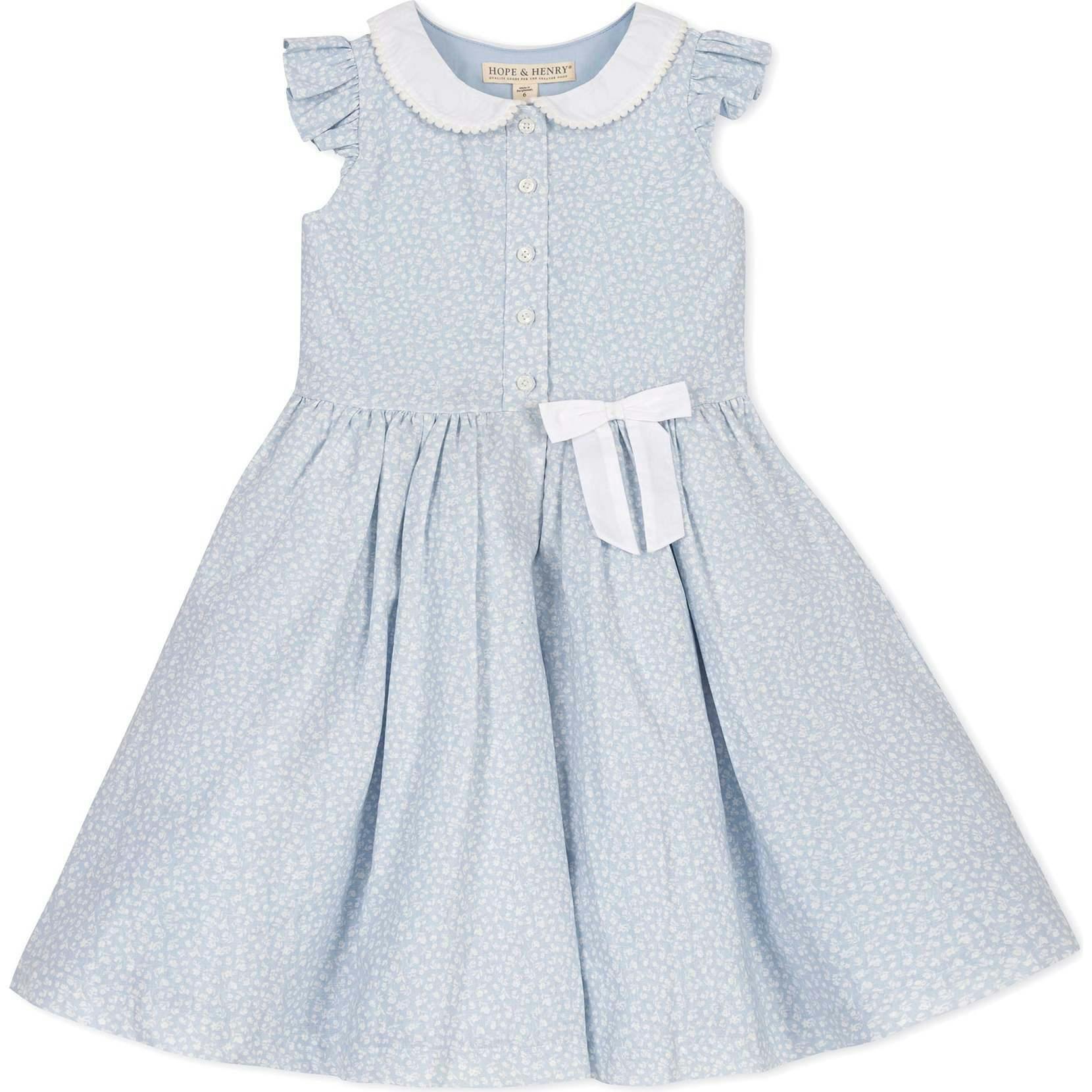 Ruffle Sleeve Linen Dress with Peter Pan Collar, Blue