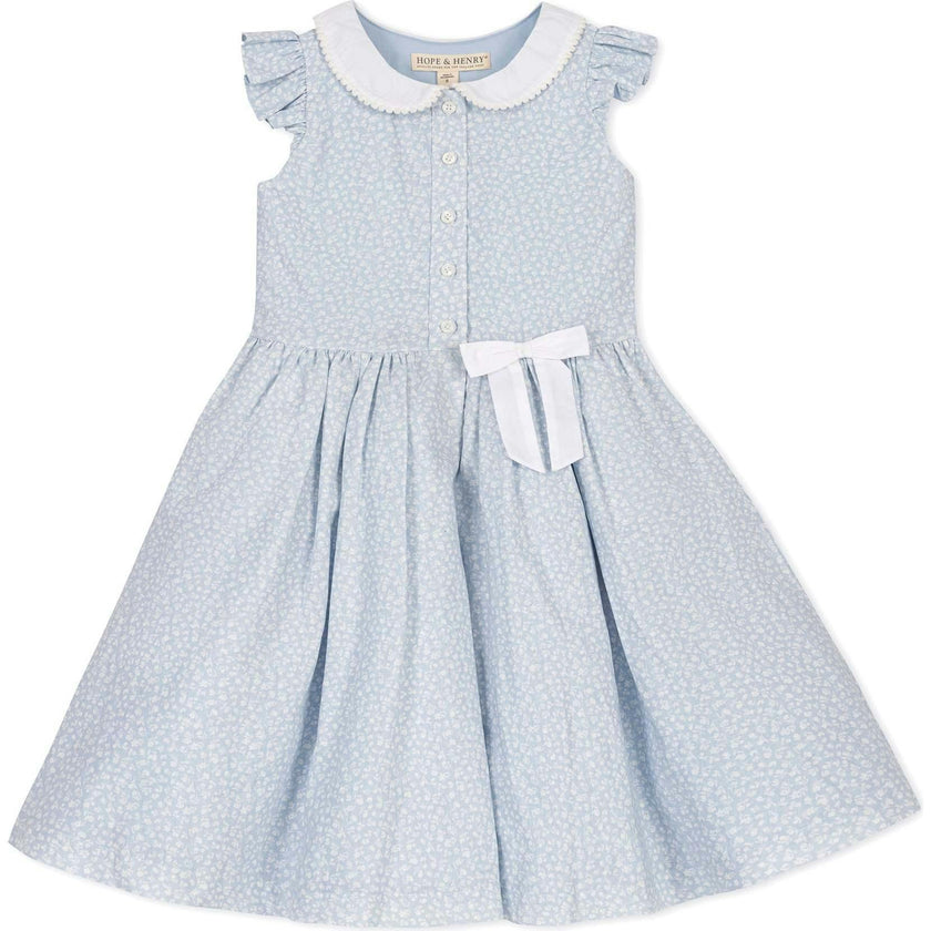 Ruffle Sleeve Linen Dress with Peter Pan Collar, Blue