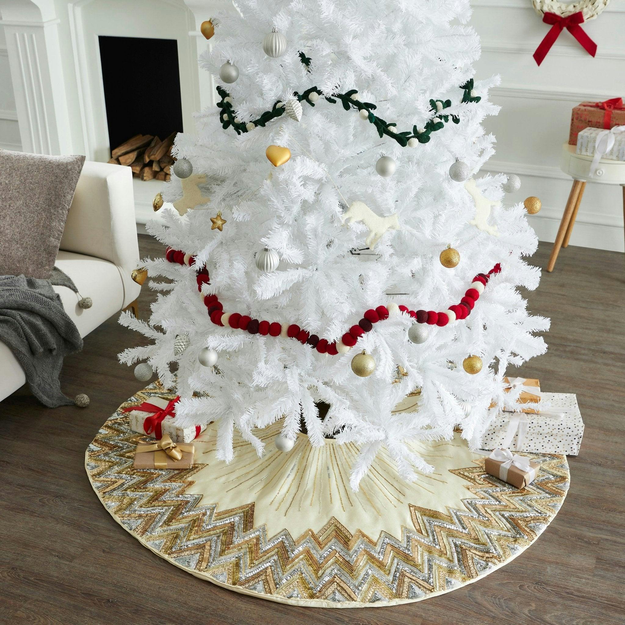 Hand Beaded Metallic Starburst French Vanilla Silk Christmas Tree Skirt 60