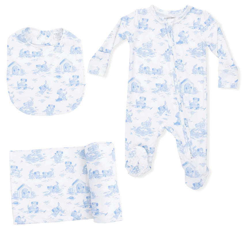 Puppy Toile Blue -  2 Way Zipper Footie, Swaddle  & Bandana Bib Set