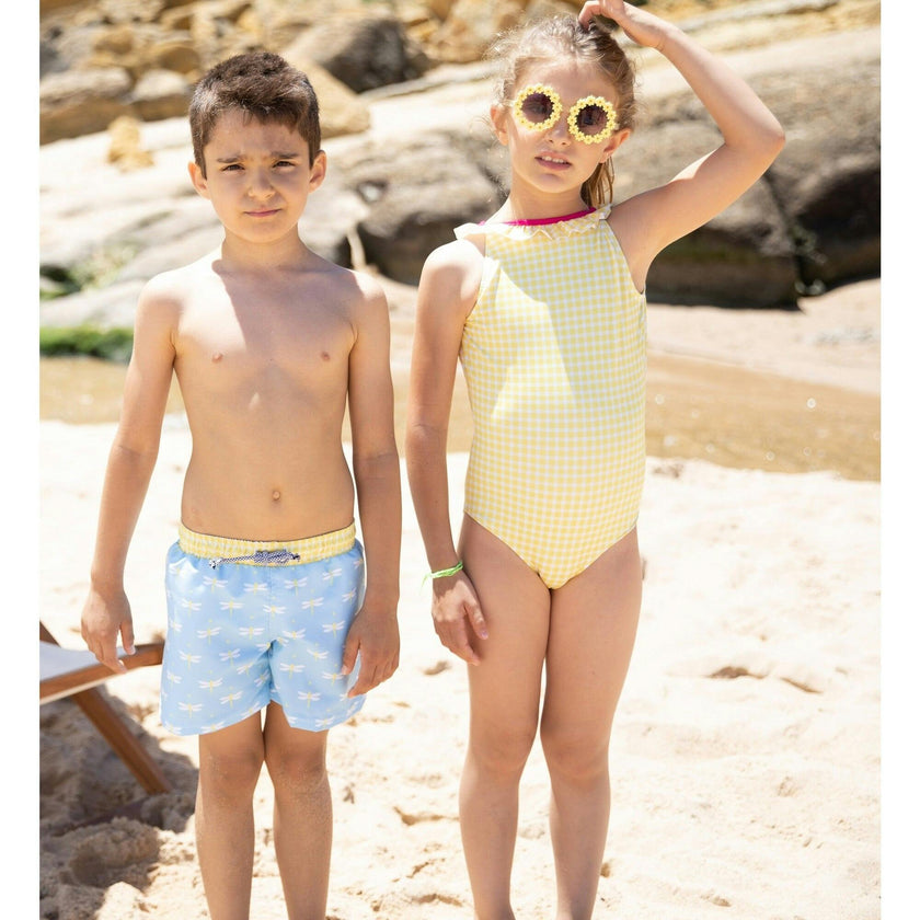 Dragonfly Classic Swim Shorts. Blue And Yellow, Yellow