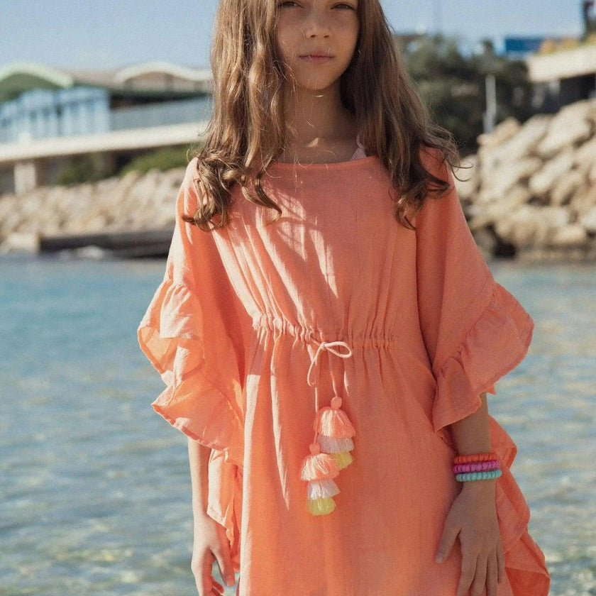 Girl's kaftan with pompoms, coral neon | LEA