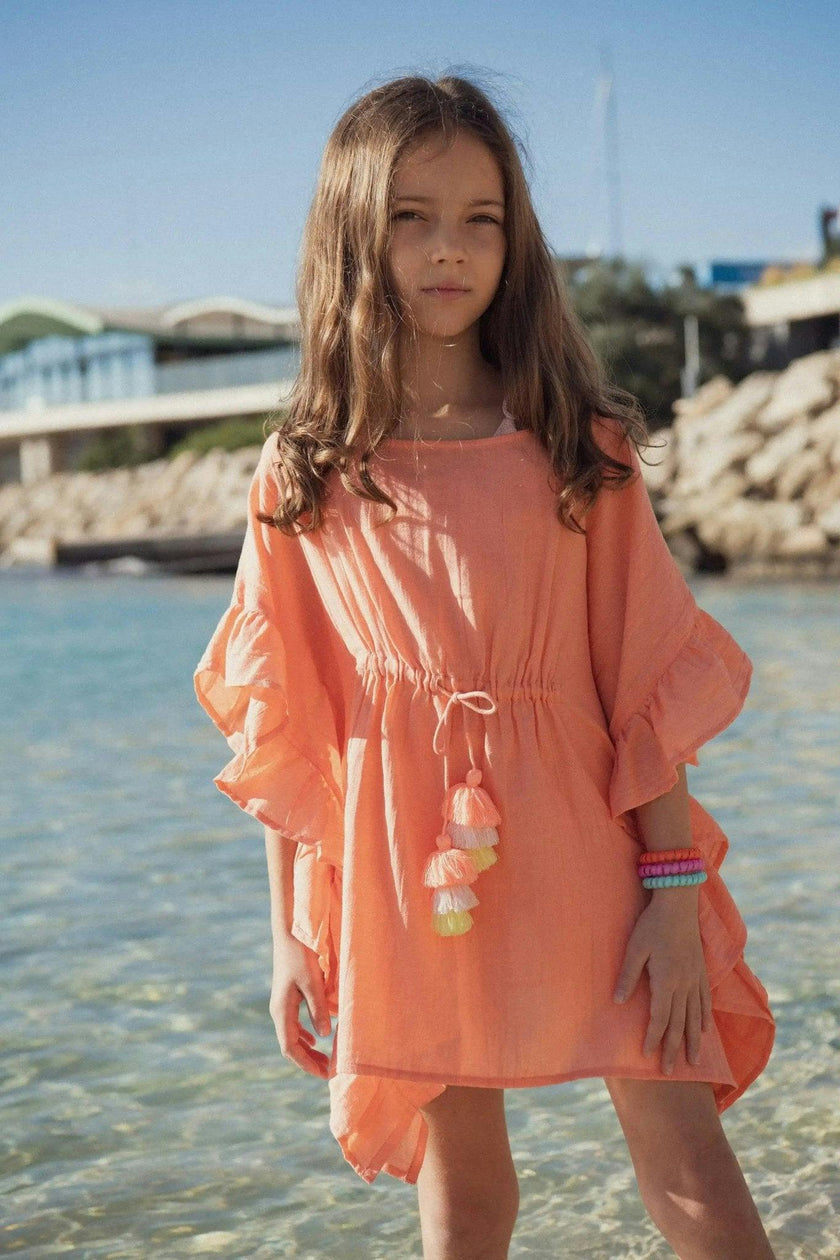Girl's kaftan with pompoms, coral neon | LEA