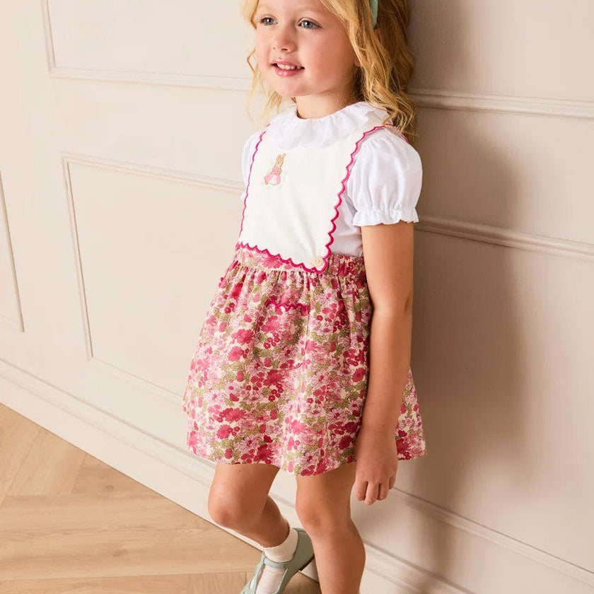 Margret Floral Bunny Embroidered Scallop Detail Pinafore Skirt in Pink (18mths-6yrs)