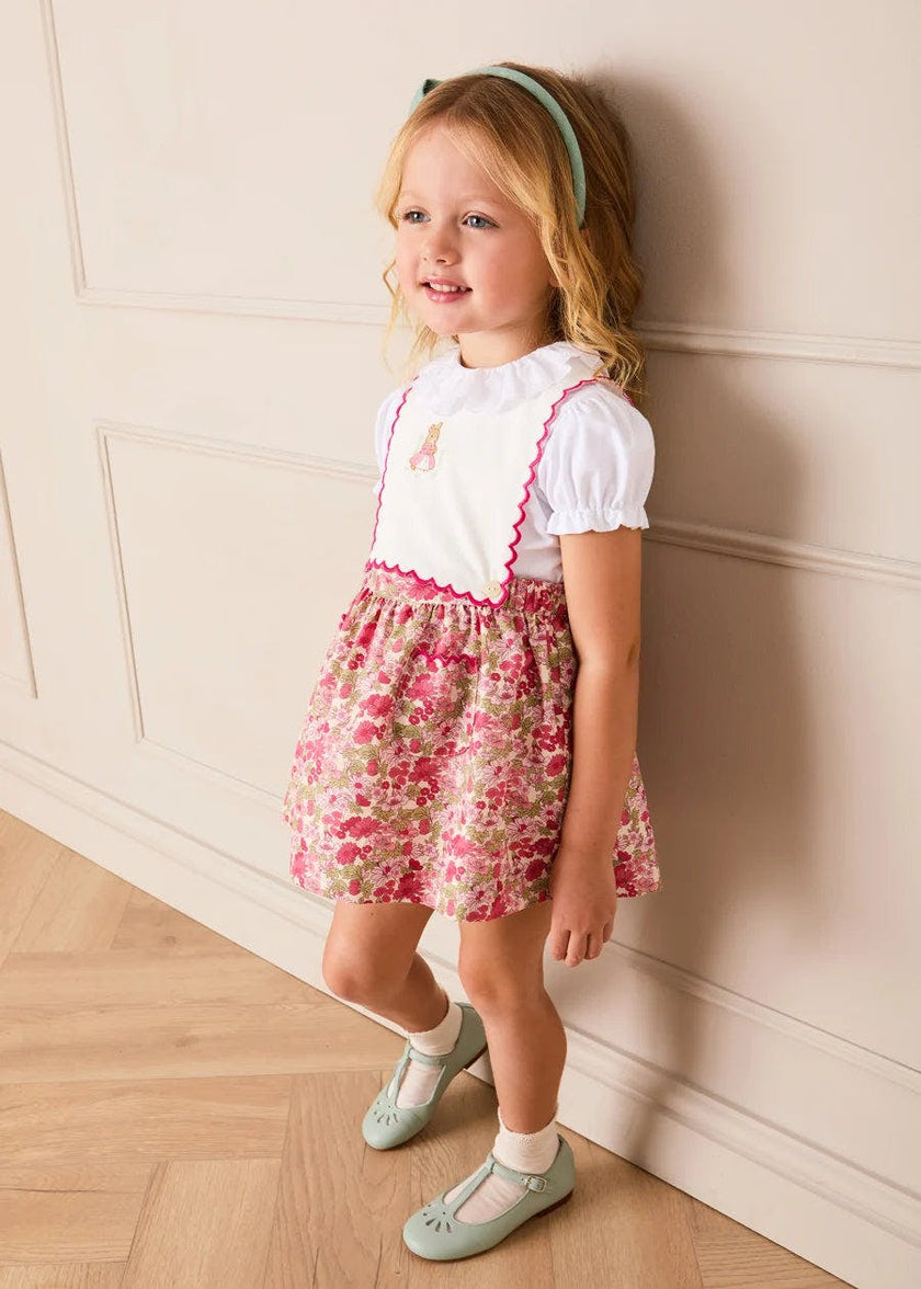 Margret Floral Bunny Embroidered Scallop Detail Pinafore Skirt in Pink (18mths-6yrs)
