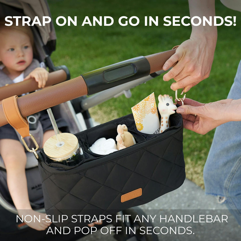 ZICOTO Beautiful Stroller Organizer Bag - Easy to Install Stroller Caddy incl. Cup Holder Attachment - Perfectly Sized Accessories For Any Stroller