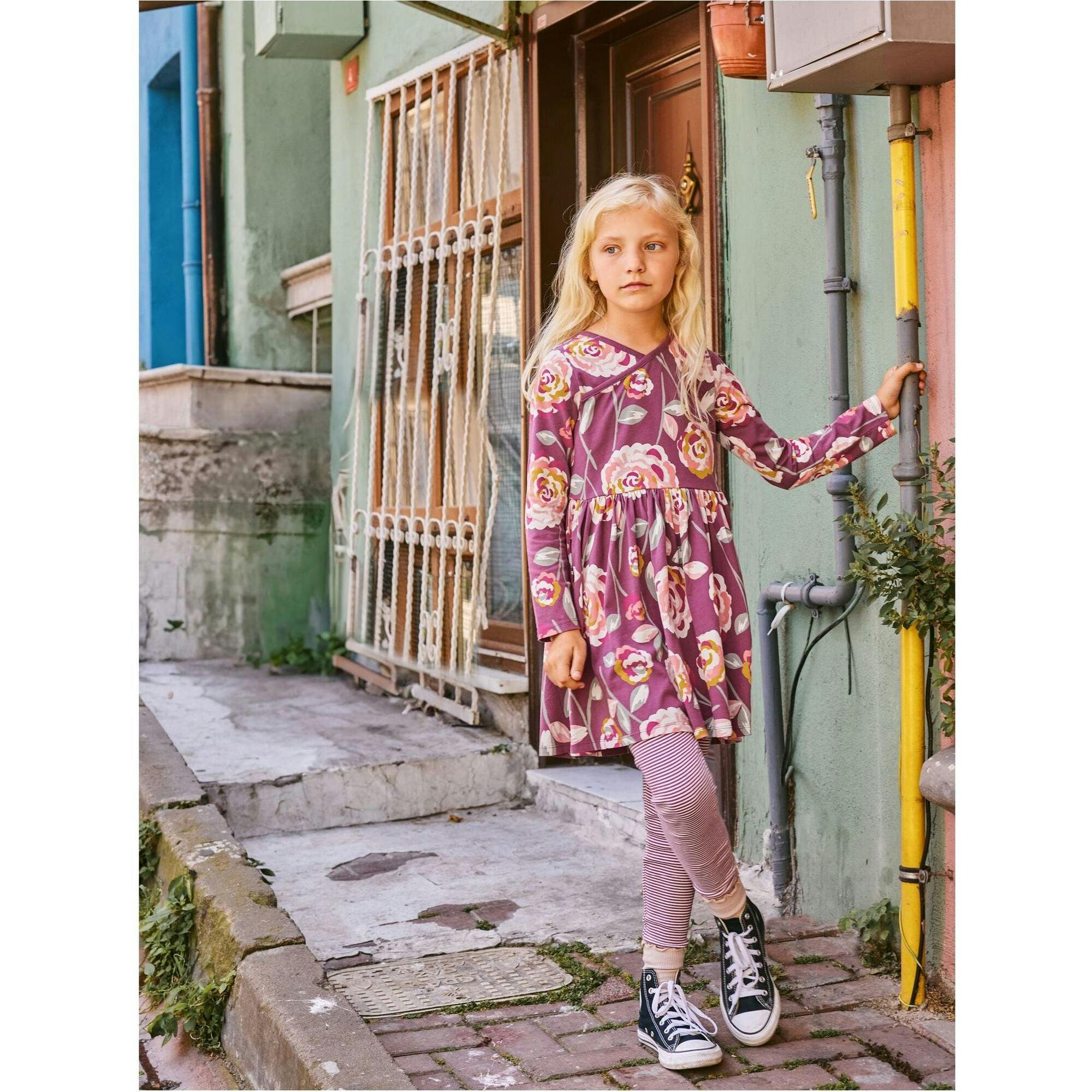 Rose Print Empire Waist Long Sleeve Wrap Neck Dress, Multi