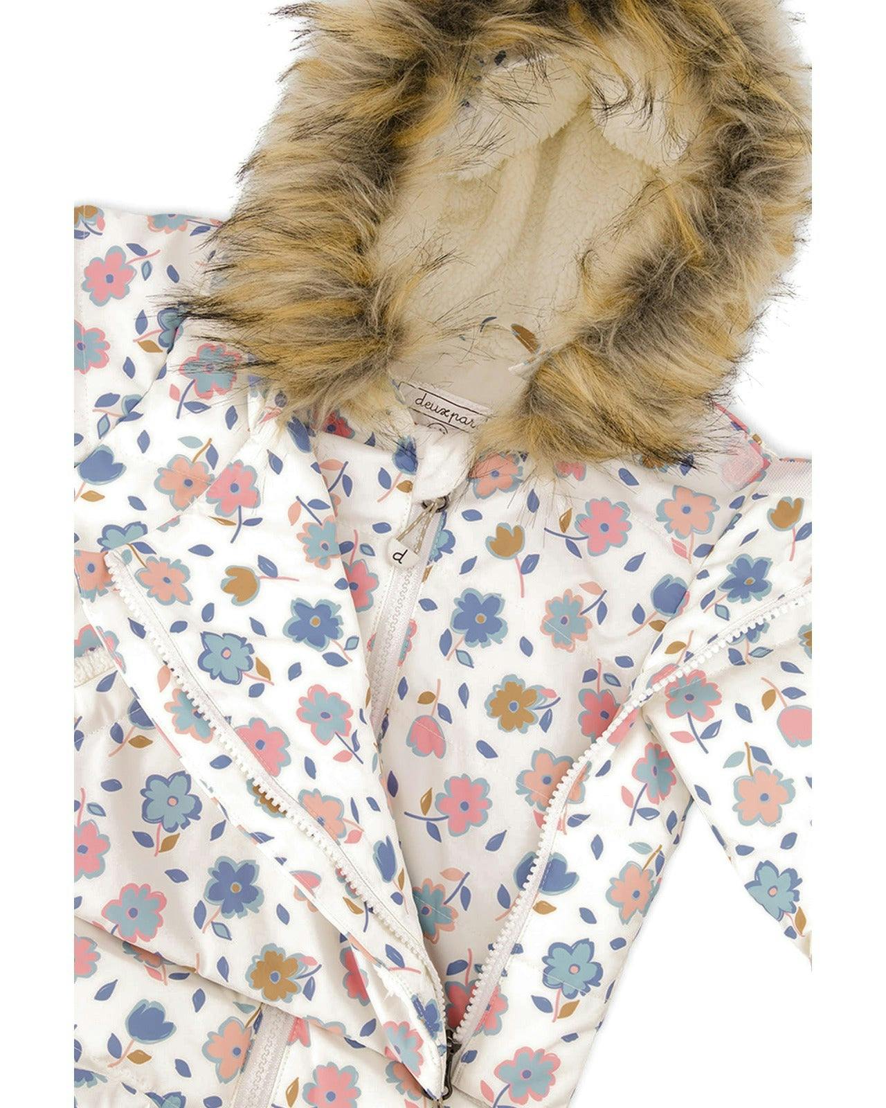 Baby Snug One Piece Snowsuit Adapted For Car Seats White With Floral Print