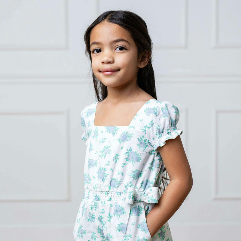 Linen Puff Sleeve Smocked Waist Jumpsuit, Blue