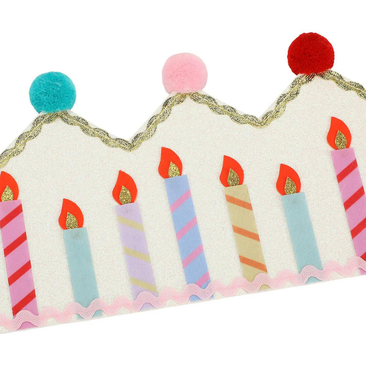 Packed Party Birthday Wishes Reusable Glitter Pom Pom Crown - Metallic Fabric Birthday Candle Crown with Multicolor Poms and Adjustable Satin Ties