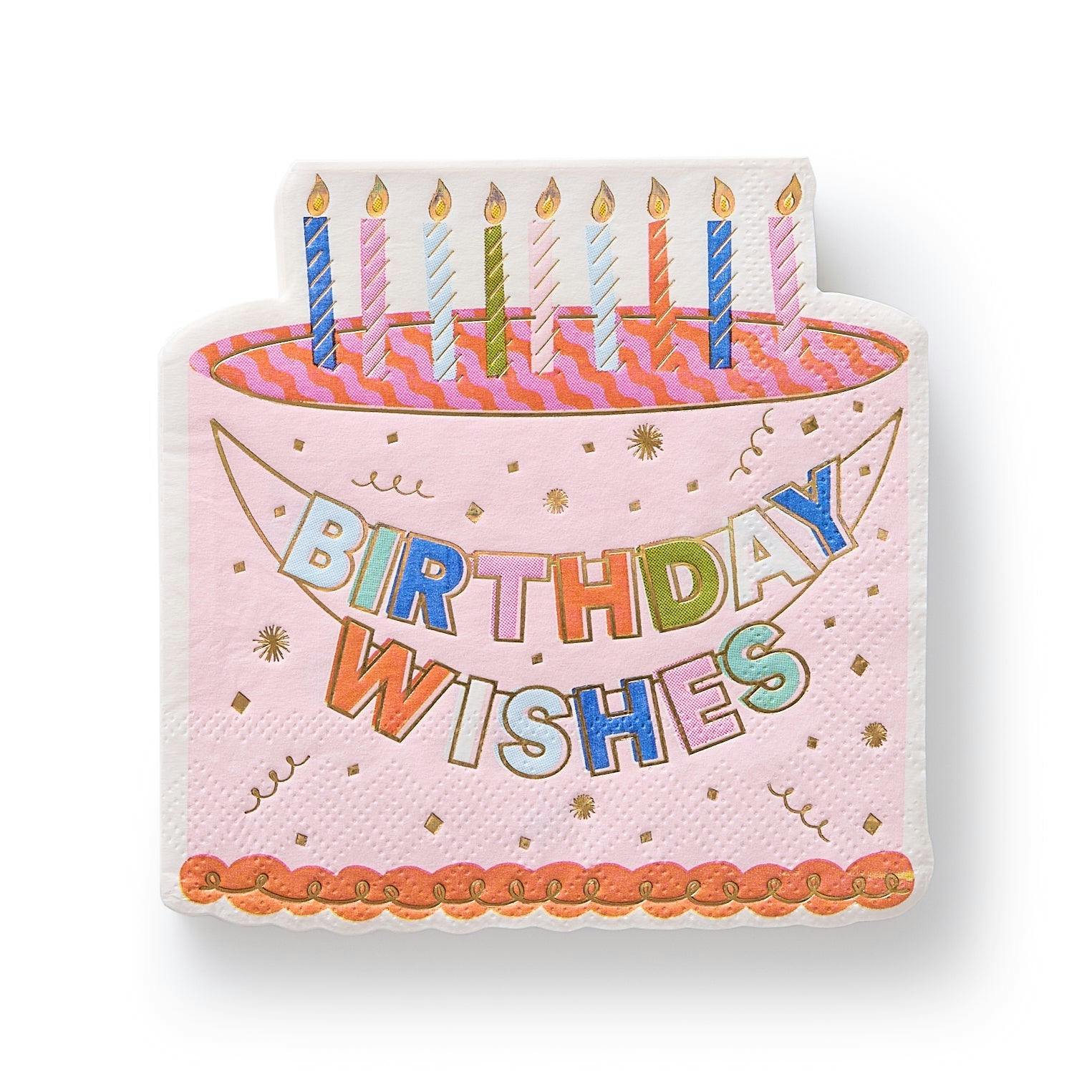 Packed Party Birthday Wishes Die-Cut Birthday Cake Napkins 20ct - Gold Foil Shaped 3-Ply Celebration Napkins for Dessert Tables