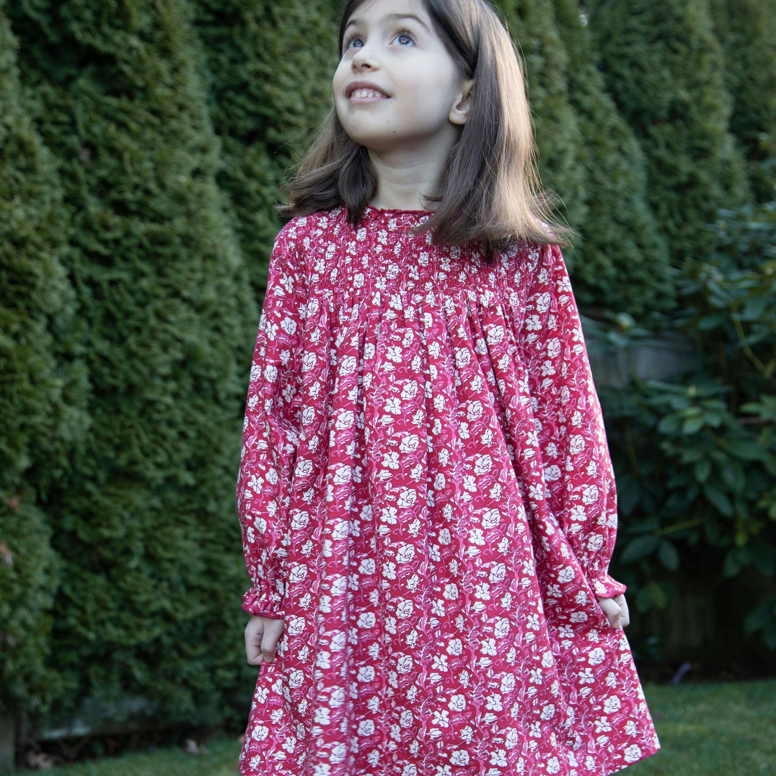 Girls Floral Print Smocked Long Sleeve Dress