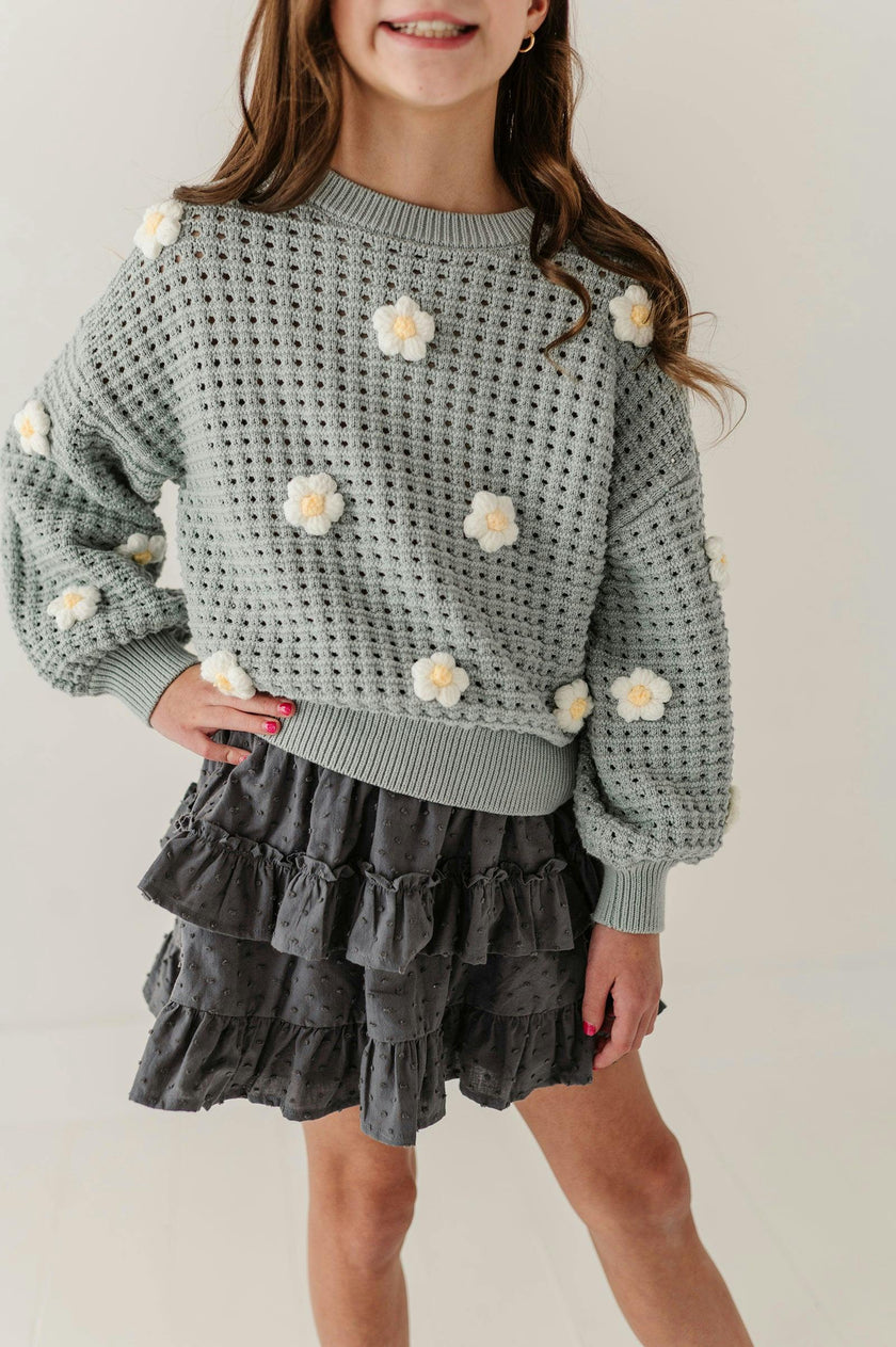 Girls Open Weave Long Sleeve Sweater in Soft Juniper