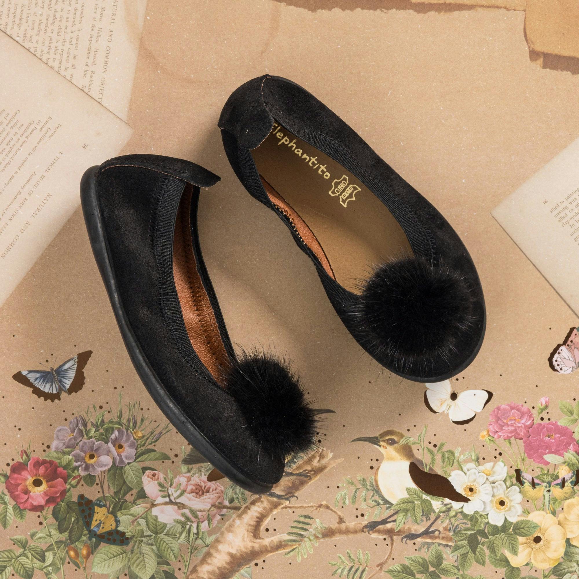 Suede Pom-Pom Ballet Flat | Black