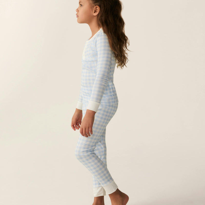 Kid's Pima Snug Fit Pajama Set in Light Blue Gingham