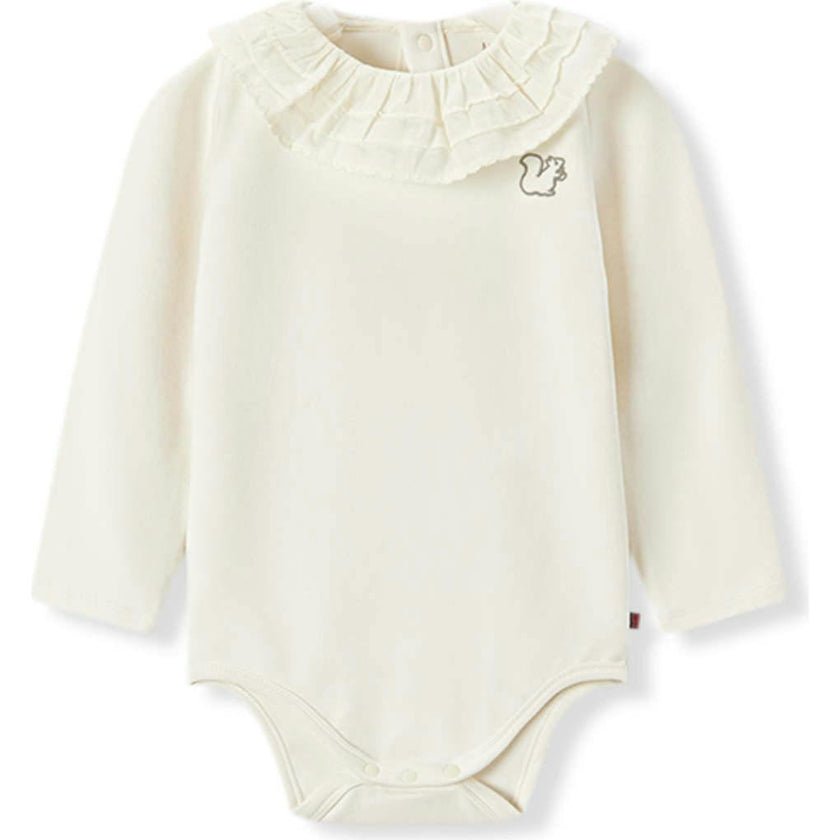 White Brushed Ruffled Collar Long Sleeve One Piece