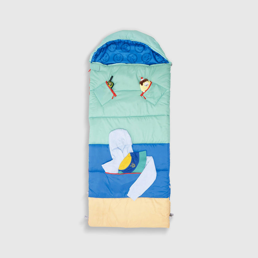 Sleep-N-Pack™ – Big Kid Size | Color Block Camp Collection: Blue Smile Face