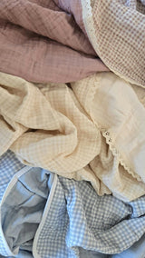 Cream Solids + Gingham QUILTED 6 Layer Gauze Blanket