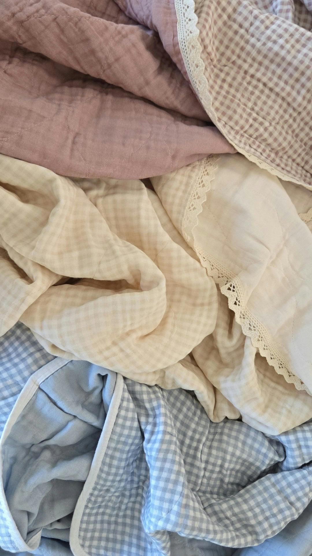 Cream Solids + Gingham QUILTED 6 Layer Gauze Blanket
