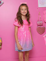 Bubble Gum Short Puff Sleeve Shimmer Sequin Dress