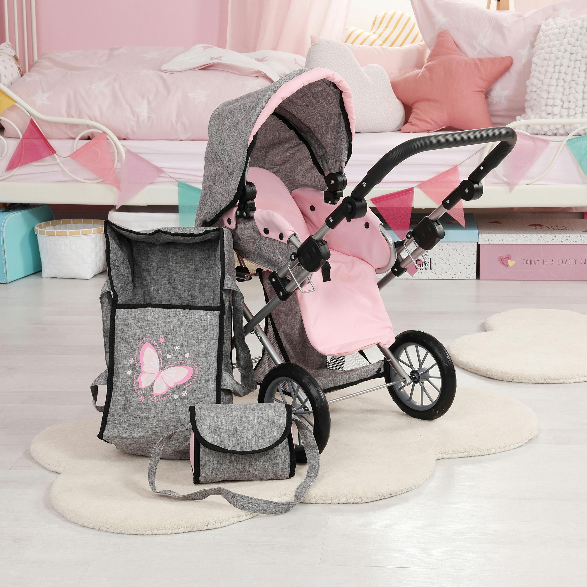 Bayer Design Dolls: Pram City Star - Grey, Pink, Butterfly