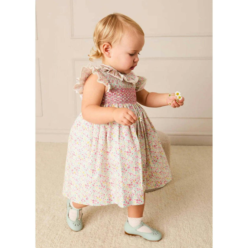 Adelaide Floral Hand Smocked Ruffle Collar Cap Sleeve Dress in Pink (12mths-6yrs)