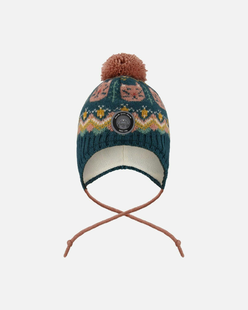 Lined Peruvian Knit Pompom Hat Green And Pink