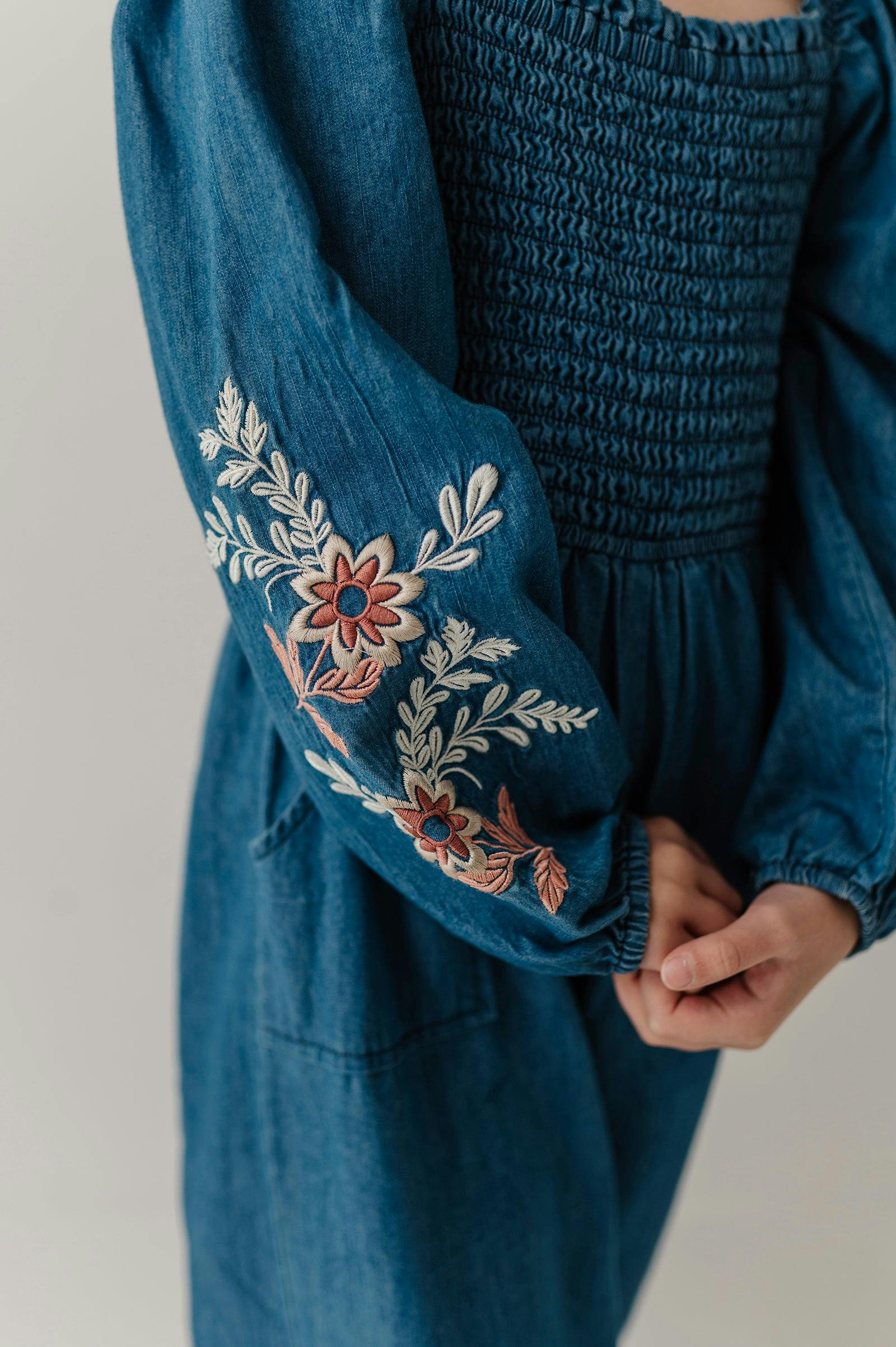 Girls Smocked Embroidery Jumpsuit in Chambray Embroidery