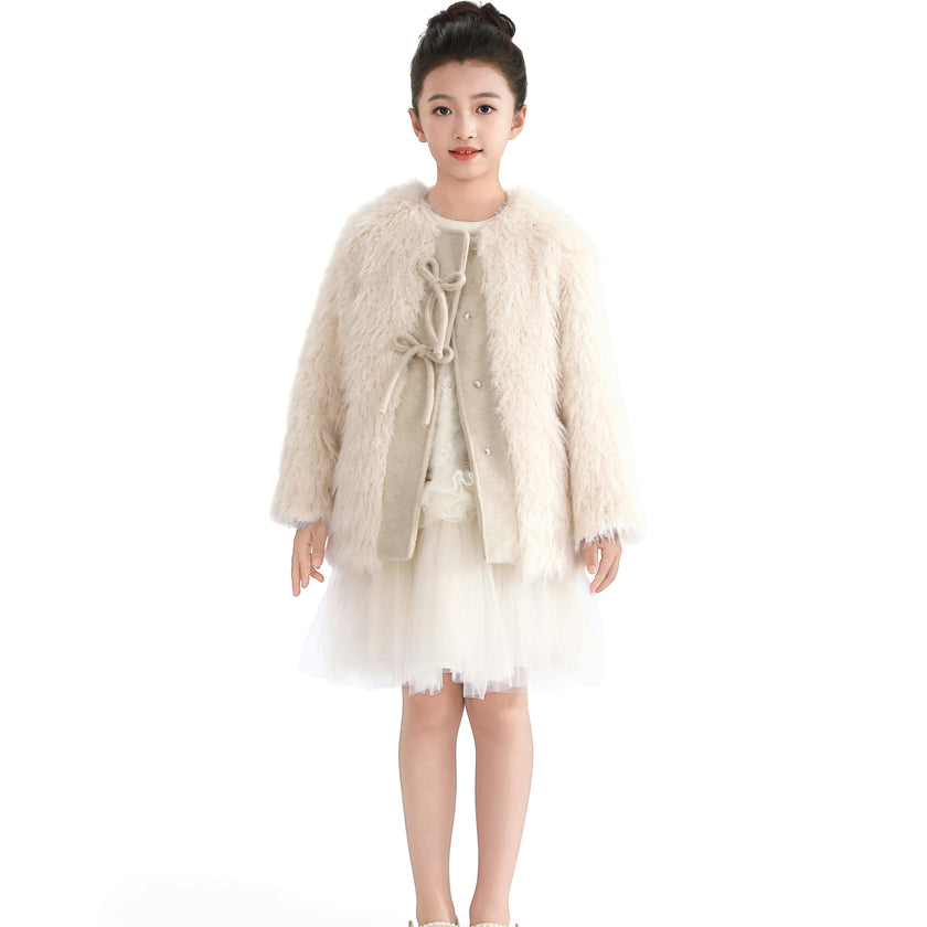 Cream Faux Fur & Wool Bow Coat