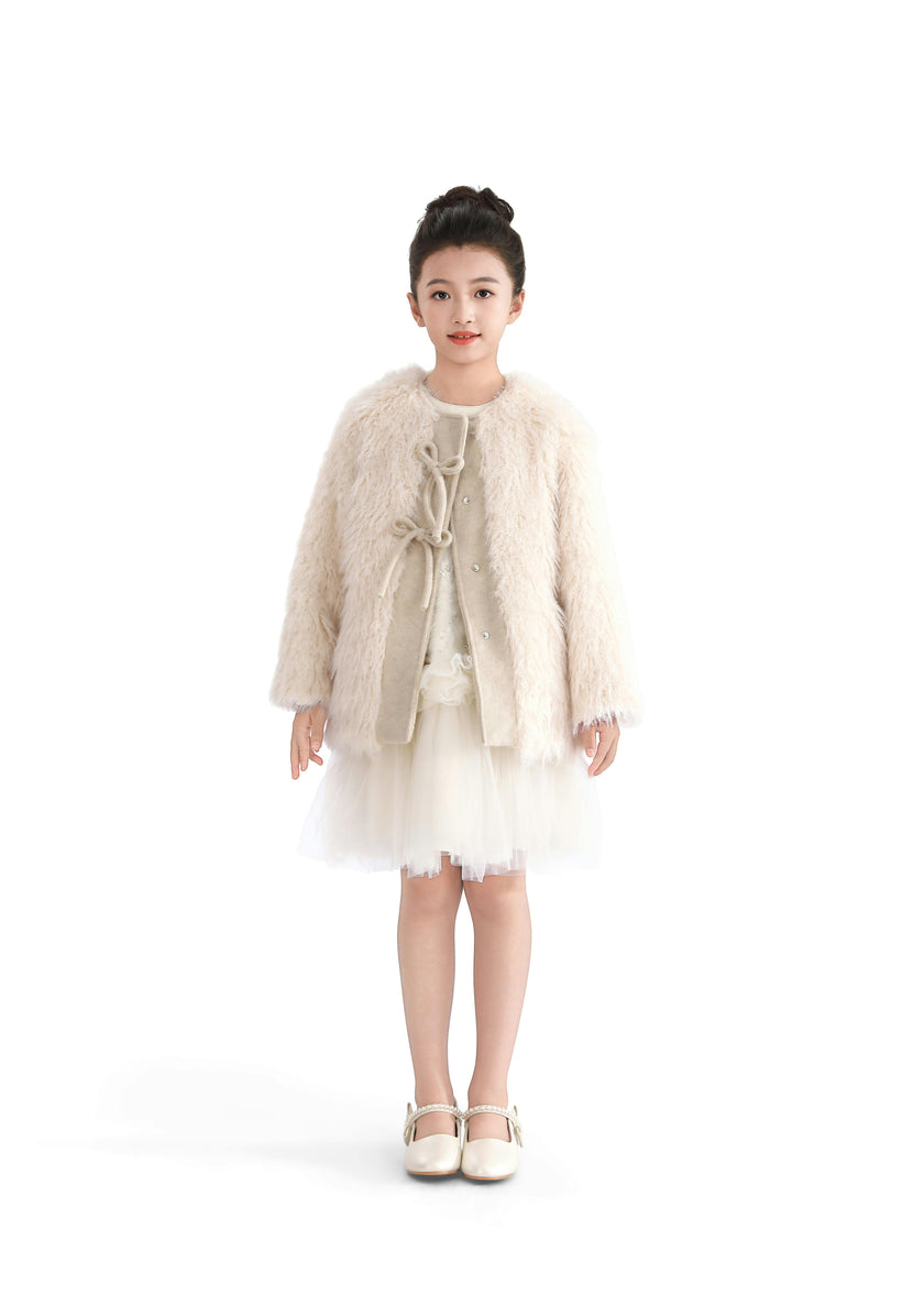 Cream Faux Fur & Wool Bow Coat