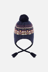 Baby Winter Peruvian Knit Hat with Pompom Blue and Red Jacquard