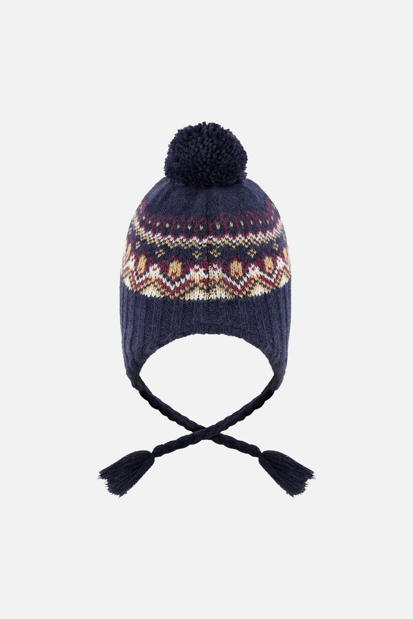 Baby Winter Peruvian Knit Hat with Pompom Blue and Red Jacquard