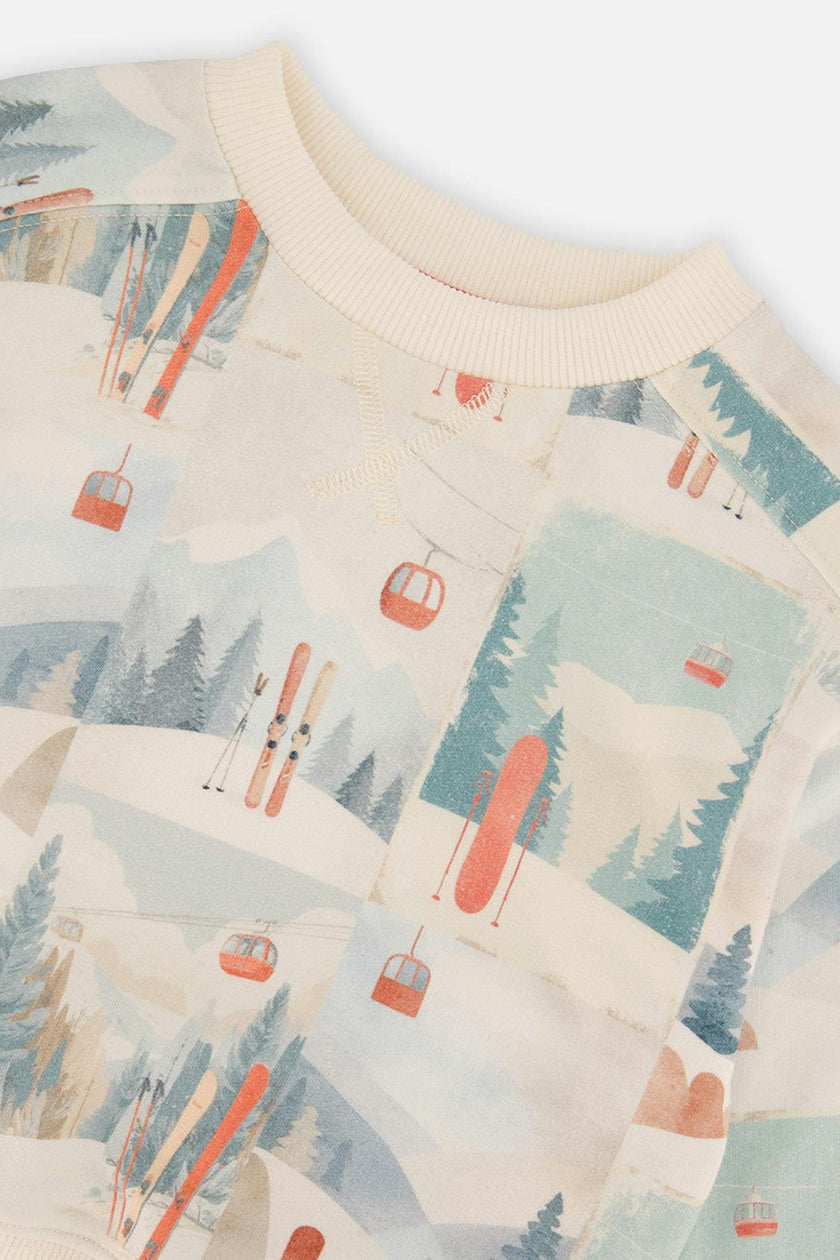 Fleece Sweatshirt Beige Ski Print