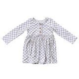 Girls Long Sleeve Henley Dress in Lavender Cloud Checkered
