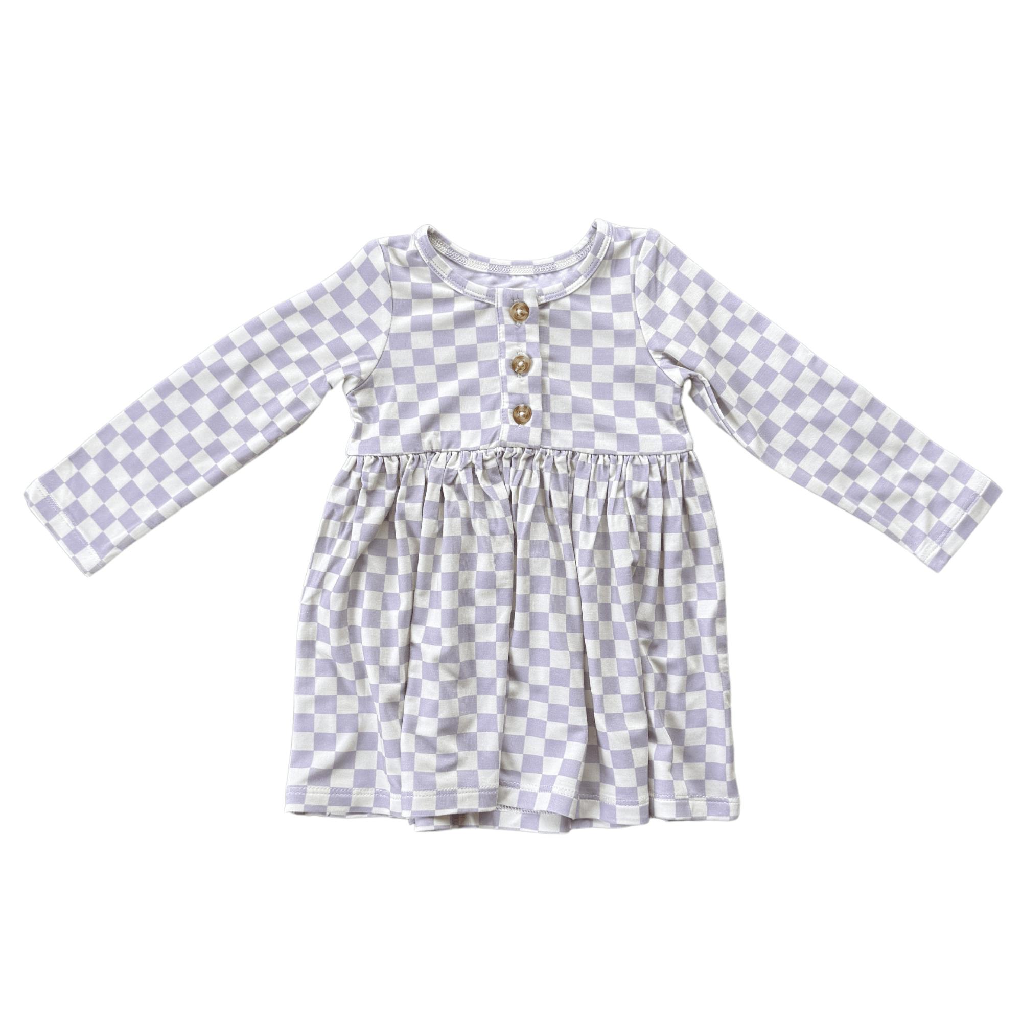 Girls Long Sleeve Henley Dress in Lavender Cloud Checkered