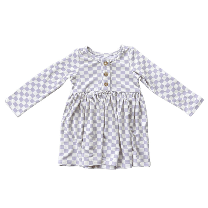 Girls Long Sleeve Henley Dress in Lavender Cloud Checkered