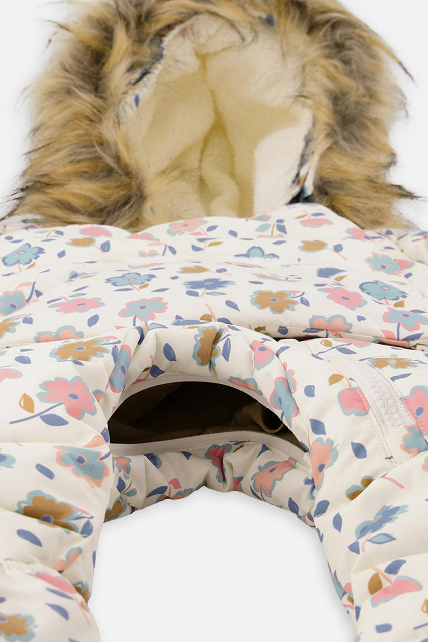 Baby Snug One Piece Snowsuit Adapted For Car Seats White With Floral Print