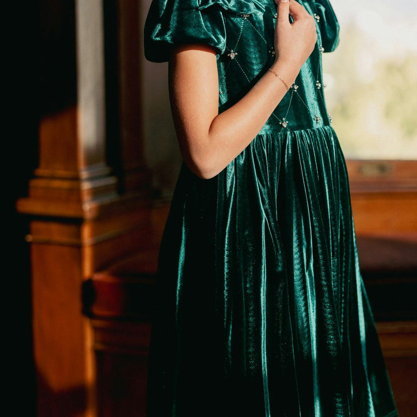 Mini Tiara Dress in Green Velvet
