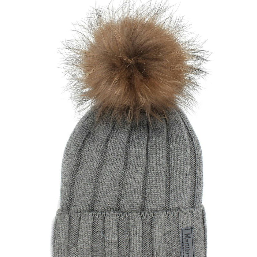 Ribbed Merino Wool Hat With Faux Fur Pom