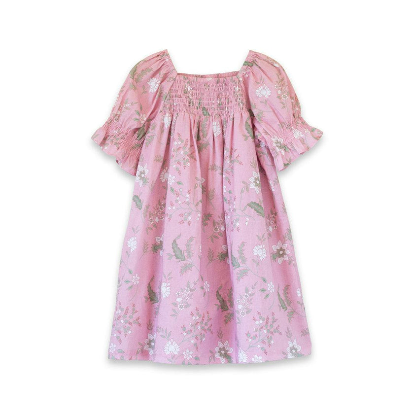 Girls Olivia Dress with Smocking | Pink and Green Fern