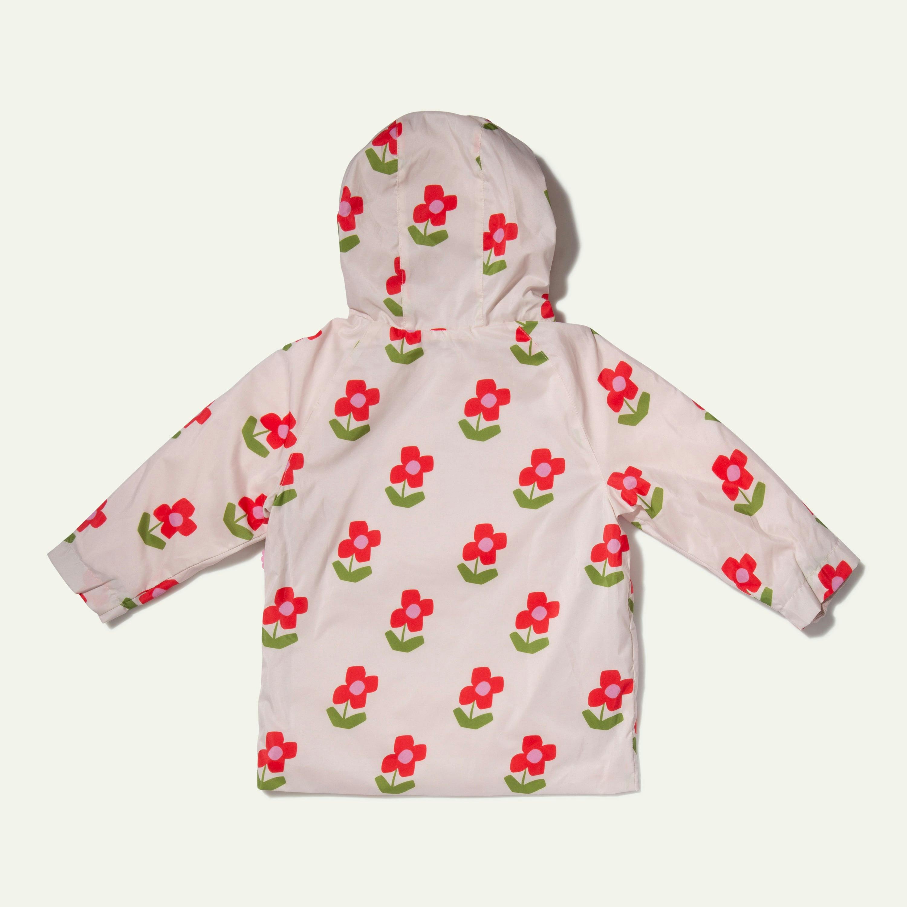 Baby Flower Print Ribbed Cuff Hooded Zipper Raincoat