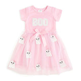Boo Sequin Patch Halloween Short Sleeve Tutu Dress