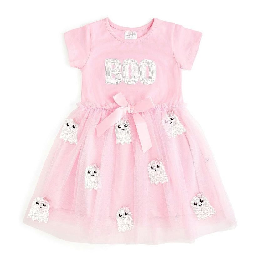 Boo Sequin Patch Halloween Short Sleeve Tutu Dress