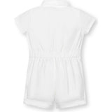 Short Sleeve Linen Pintuck Button Front Romper, White