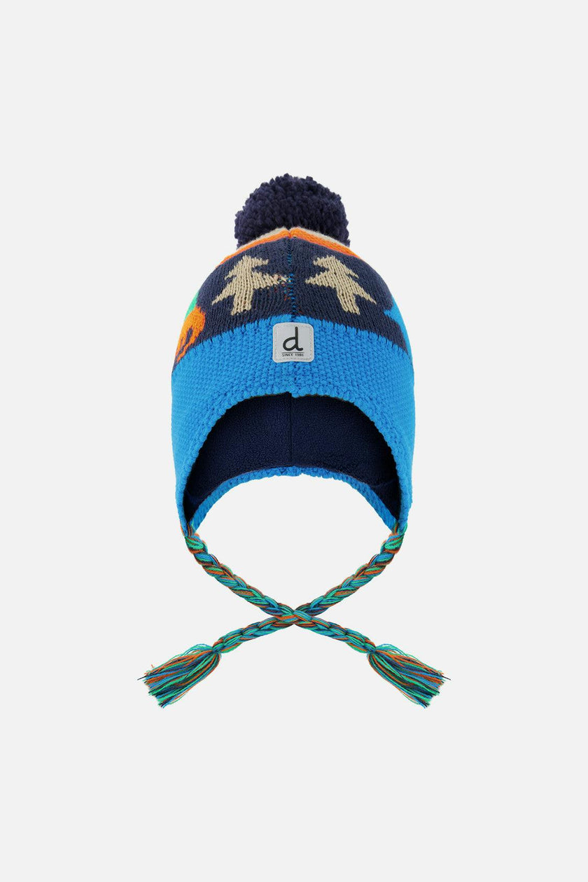 Winter Peruvian Knit Hat with Pompom Blue Dinosaur Print