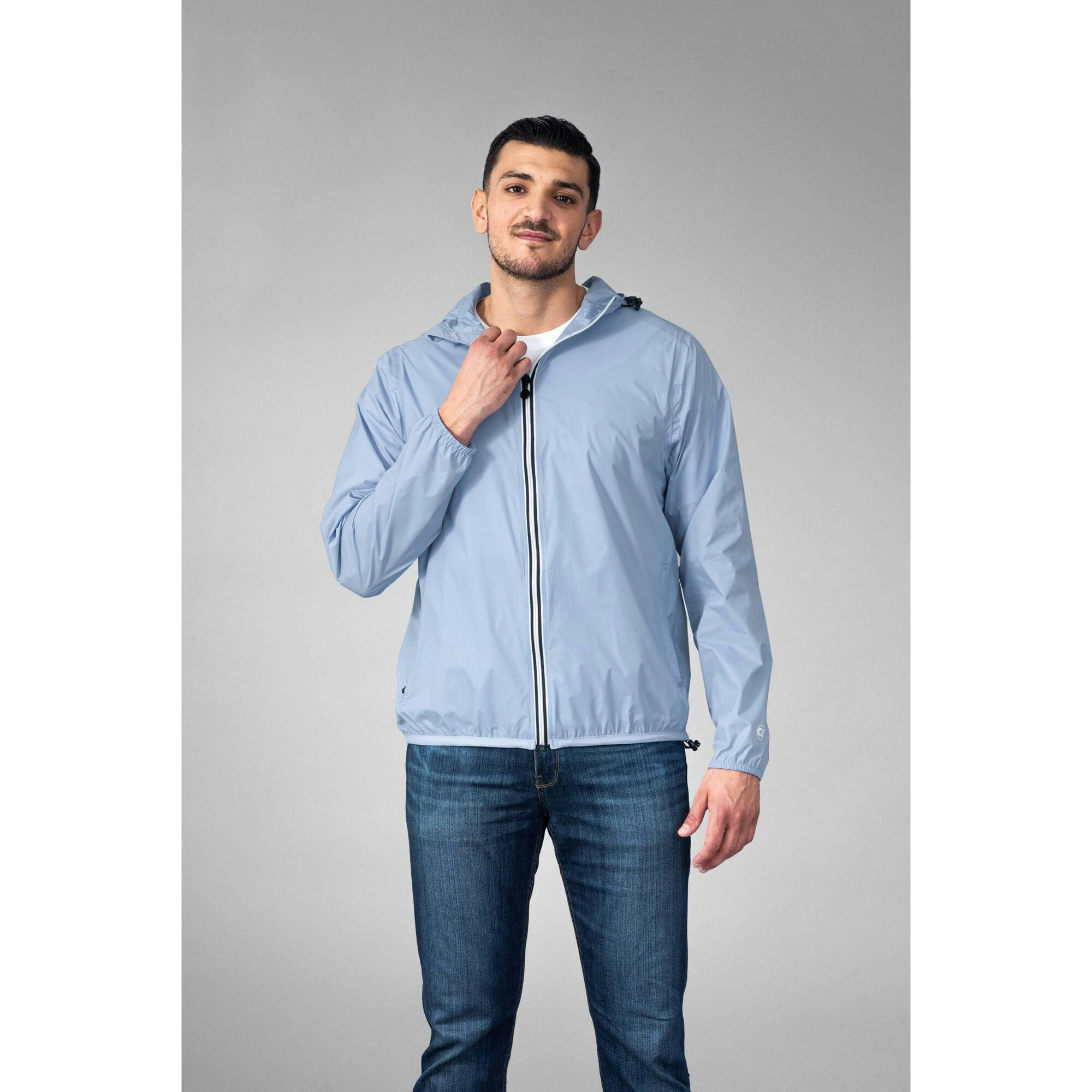 Powder blue full zip packable rain jacket and windbreaker